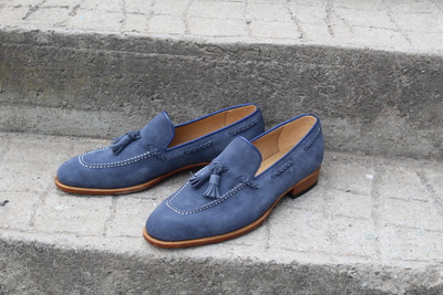 Crafted Leather Blue Suede Leather Classic Tassel Loafers Dress Shoes