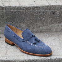 Crafted Leather Blue Suede Leather Classic Tassel Loafers Dress Shoes - Thumbnail 1