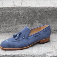 Crafted Leather Blue Suede Leather Classic Tassel Loafers Dress Shoes - Thumbnail 3