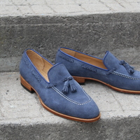 Crafted Leather Blue Suede Leather Classic Tassel Loafers Dress Shoes - Thumbnail 4