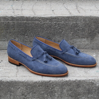 Crafted Leather Blue Suede Leather Classic Tassel Loafers Dress Shoes - Thumbnail 5