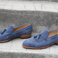 Crafted Leather Blue Suede Leather Classic Tassel Loafers Dress Shoes - Thumbnail 8