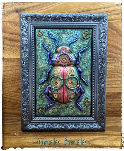 Steampunk Rainbow Beetle framed polymer clay sculpture 