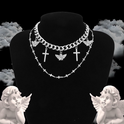 Angel cross multi-strand necklace