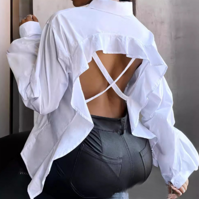 Fashion temperament sexy backless long sleeved shirt