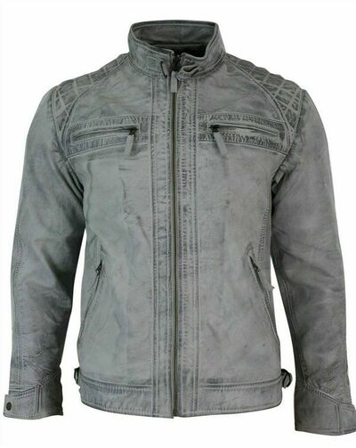 Retro Style Zipped Biker Jacket Real Leather Washed Soft Distressed White