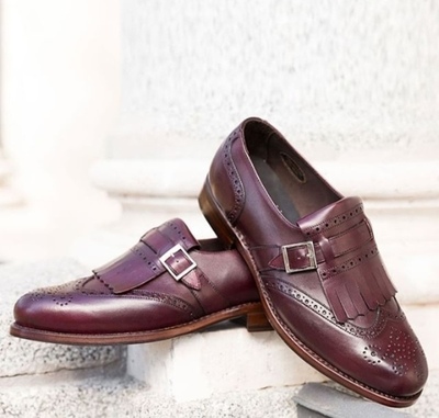 Handmade Burgundy Color leather shoes, Men Monk Strap Fringe Brogue Formal Shoes