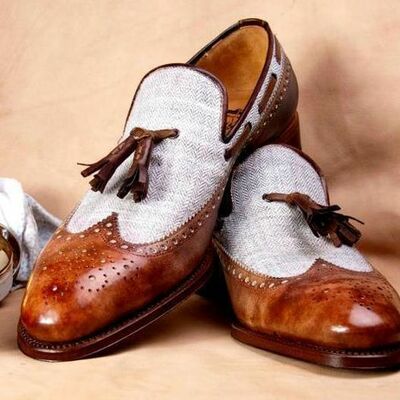 Handmade leather and tweed tassel loafers for men custom made shoes for men