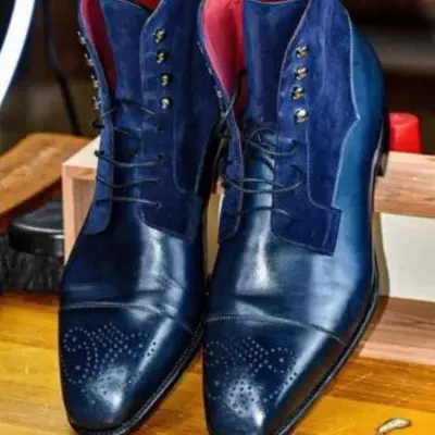 Handmade men two tone ankle boots, men blue leather and suede lace up dress boot