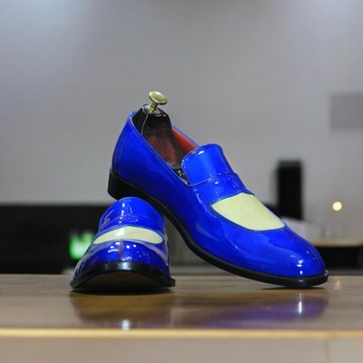 Handmade Blue White Penny Loafer Shoes, Men's Slip On Moccasin Leather Shoes