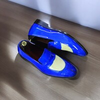 Handmade Blue White Penny Loafer Shoes, Men's Slip On Moccasin Leather Shoes - Thumbnail 1