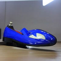 Handmade Blue White Penny Loafer Shoes, Men's Slip On Moccasin Leather Shoes - Thumbnail 2