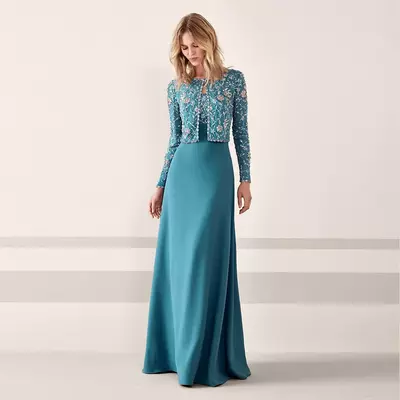 Elegant 2 Piece Mother Of The Bride/ Groom Dresses Delicate Blue Crewneck Long Sleevele Beaded Luxurious Wedding Party Evenign Dress