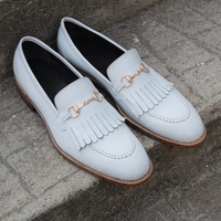 Crafted Leather Unique and Classic Men White Fringes Moccasin Loafer Dress Shoes - Thumbnail 5