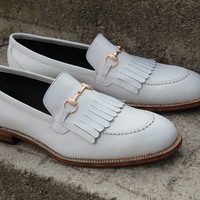 Crafted Leather Unique and Classic Men White Fringes Moccasin Loafer Dress Shoes - Thumbnail 8
