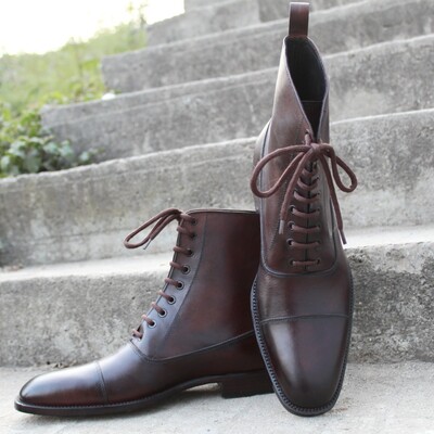 Crafted leather bespoke shoes dark brown classic ankle high lace up dress boot - Thumbnail 5