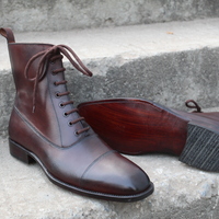 Crafted Leather Bespoke Shoes Dark Brown Classic Ankle High Lace up Dress Boot - Thumbnail 2