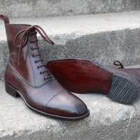 Crafted Leather Bespoke Shoes Dark Brown Classic Ankle High Lace up Dress Boot - Thumbnail 3