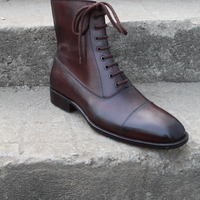 Crafted Leather Bespoke Shoes Dark Brown Classic Ankle High Lace up Dress Boot - Thumbnail 4