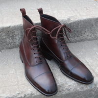 Crafted Leather Bespoke Shoes Dark Brown Classic Ankle High Lace up Dress Boot - Thumbnail 5