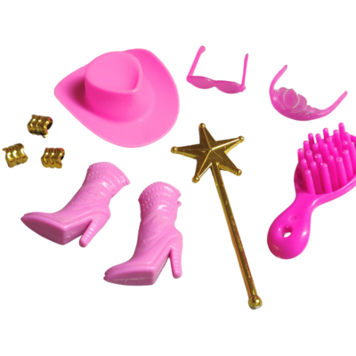 10pcs.+ pink cowgirl fashion doll set-hat, wand, bracelets, boots, etc.