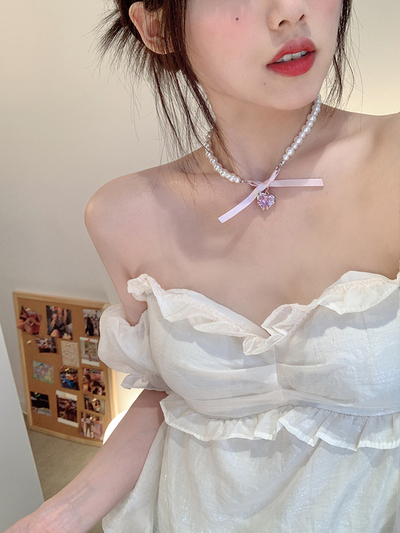 Glittering heart pearl necklace