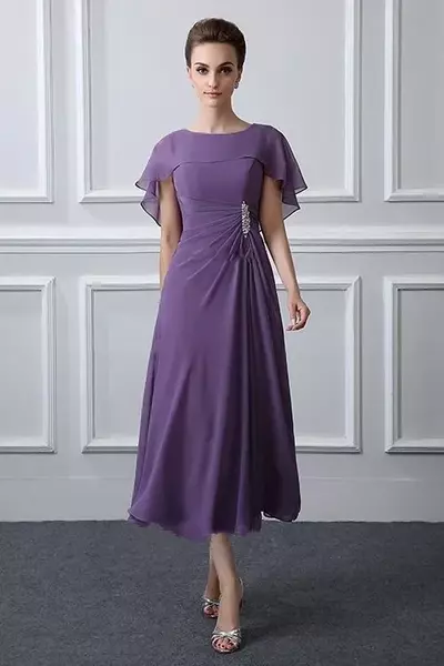 Purple Chiffon Mother Of Bride / Groom Dresses Tea-length Weddings Mother of the Groom Gown