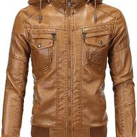 Men Brown Leather Motorcycle Jacket with Removable Hood - Thumbnail 1