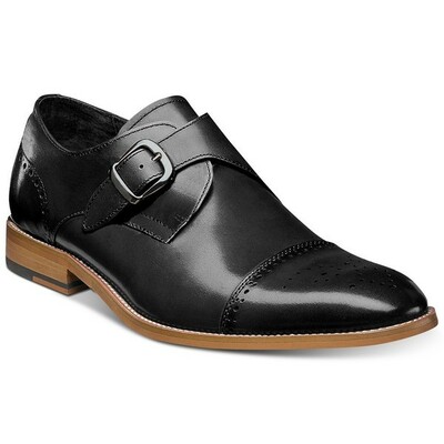 Men black single buckle strap plain cap toe genuine leather handmade monk shoes