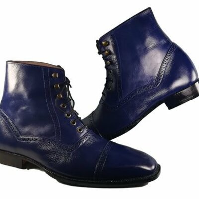 Stylish men's handmade navy blue leather cap top ankle high fashion lace up boot