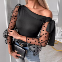 Sexy Off Shoulder Mesh Ruffle Sleeve Top - Thumbnail 1