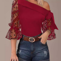 Sexy Off Shoulder Mesh Ruffle Sleeve Top - Thumbnail 2