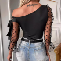 Sexy Off Shoulder Mesh Ruffle Sleeve Top - Thumbnail 3