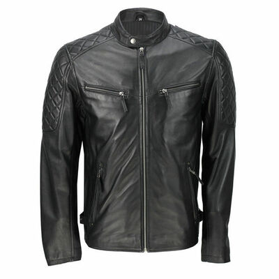 Mens black real soft sheep leather classic smart casual biker zip bomber jacket