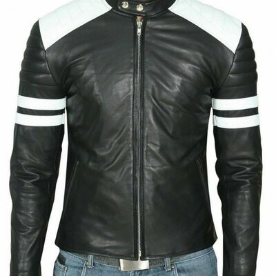 Handmade mens black and white biker leather jacket, slim fit biker leather jacke