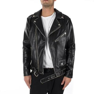 Handmade men genuine lambskin leather biker slim fit vintage black jacket