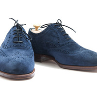 Blue Wingtip Best Newly Edition Handmade Oxford Men's Shoes - Thumbnail 1