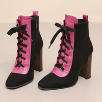 Lace-up leather color block heeled boots - Thumbnail 2