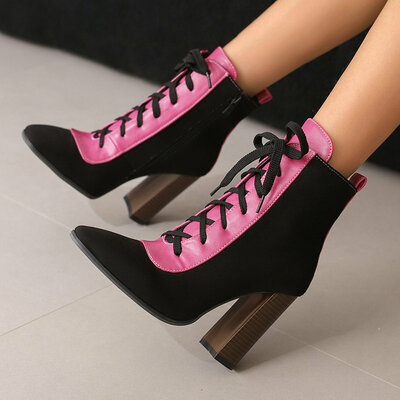 Lace-up leather color block heeled boots