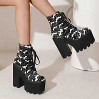 All Over Bat Prints Platform High Heel Booties - Thumbnail 1