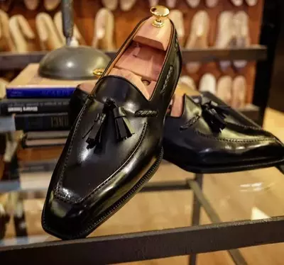 Handmade Men's Black Tasselled Loafer Narrow Toe Original Leather Loafer Shoes