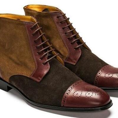 New men's handmade multi tone brown leather & suede lace up cap toe brogue boots