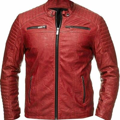 Men's vintage cafe racer red motorcycle lambskin leather slim fit biker jacket