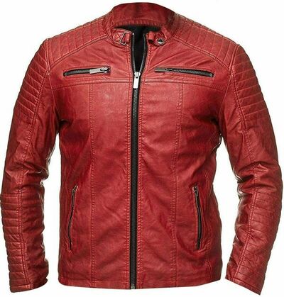 Men's Vintage Cafe Racer Red Motorcycle Lambskin Leather Slim Fit Biker Jacket
