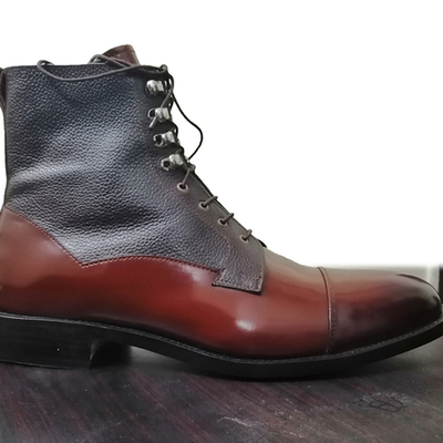 Mens gray brown handmade genuine high ankle premium leather cap toe dress boots