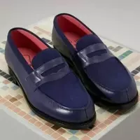 Handmade Men Slip On Suede and Leather Formal Shoes, Loafer Navy Blue Moccasins - Thumbnail 1