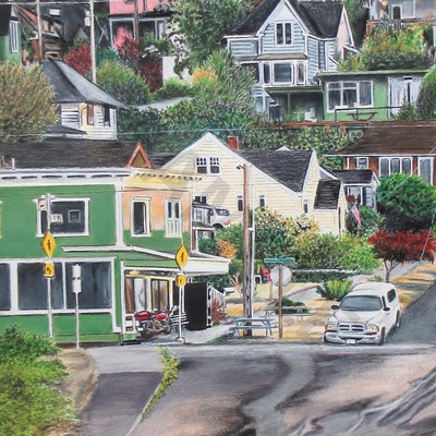 "a view of astoria, oregon from the trolley tracks" artwork by n.e.thompson, art print
