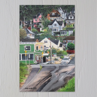 "a view of astoria, oregon from the trolley tracks" artwork by n.e.thompson, art print