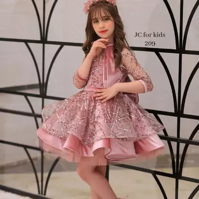 Tier ruffle cupcake tutu girls pageant dresses princess pink red sequined beadings short flower girl dresses with sheer 3/4 sleeves bow - Thumbnail 4