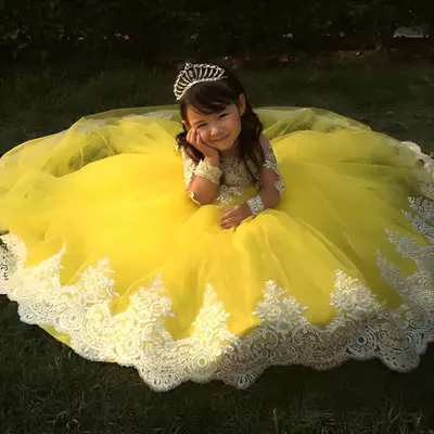 Yellow with white appliques girls pageant dresses princess a line off shoulder long sleeves with big bow sash back flower girl dress kids  - Thumbnail 4